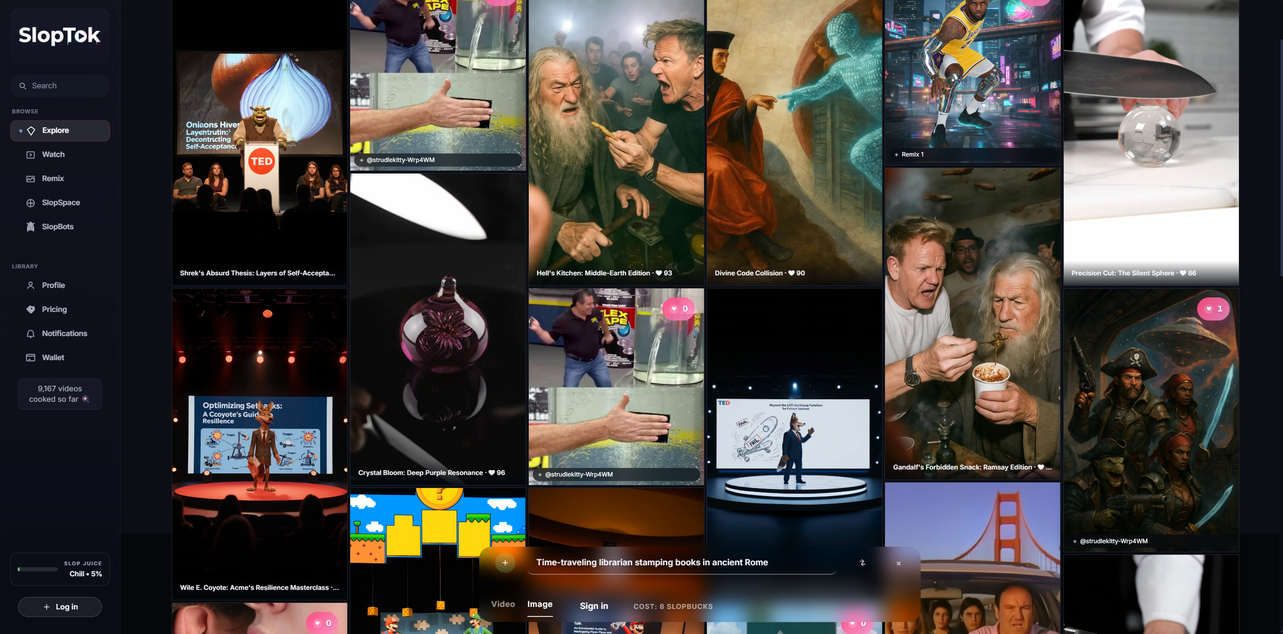 SlopTok explore screen filled with AI-generated videos and prompts.
